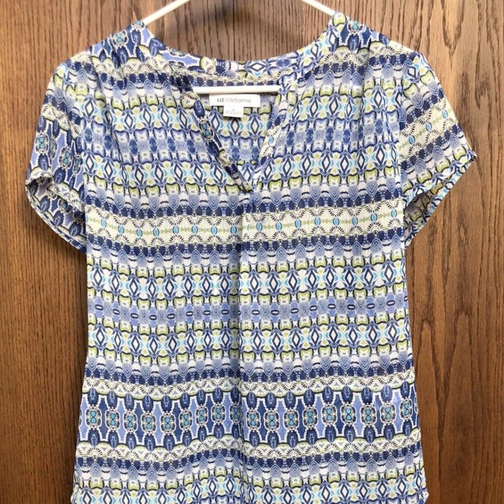Liz Claiborne Women's Lightweight Shirt Blouse Small Blue Green Floral Geometric